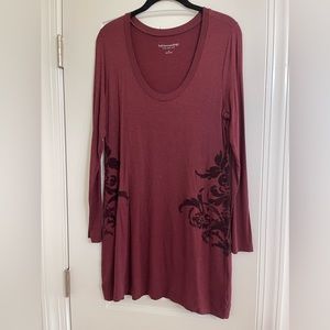 Soft Surroundings medium deep burgundy knit tunic with velvet embellishment.
